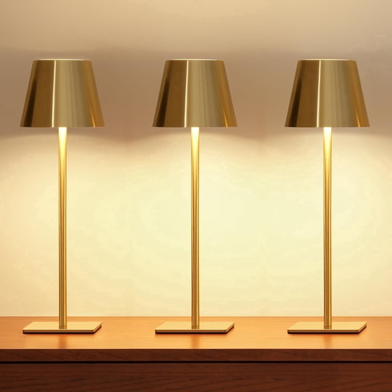 UME 3 pack Rechargeable Table Lamp, Waterproof Cordless Lamp With 3 Color Temps and Stepless Dimming for Dinner Desk Cafe Outdoor (Brushed Gold)