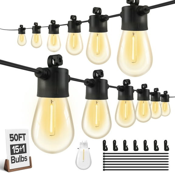 UME 50FT Outdoor String Lights S14 LED Patio Lights with 16 Shatterproof Edison Vintage Bulbs(1 Spare), Waterproof Connectable Hanging Lights for Porch, Deck, Garden