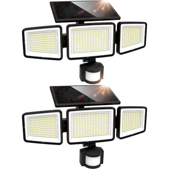 UME 2 pack Solar Flood Lights, 302 LED 3000LM Waterproof Motion Sensor Security Lights, 3 Modes for Patio Garage Yard, Black