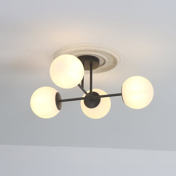 UMEILUCE 4 Lights Black Branch Chandelier Semi Flush Mount with Opal Glass Shades for Entryway Bedroom Dining Room,E12 Base