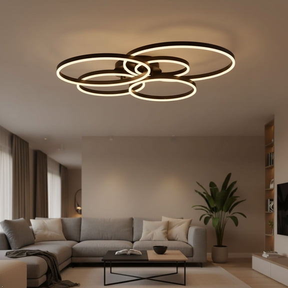 UMEILUCE 5 Lights Modern LED Dimmable Black Rings Semi-Flush Mount for Dining Living Room,L41.3 Inch