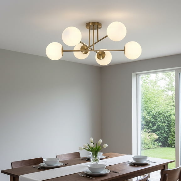 UMEILUCE 6 Lights Brass Branch Chandelier Semi Flush Mount with Opal Glass Shades for Entryway Bedroom Dining Room,E12 Base