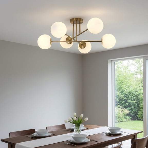 UMEILUCE 6 Lights Brass Branch Chandelier Semi Flush Mount with Opal Glass Shades for Entryway Bedroom Dining Room,E12 Base