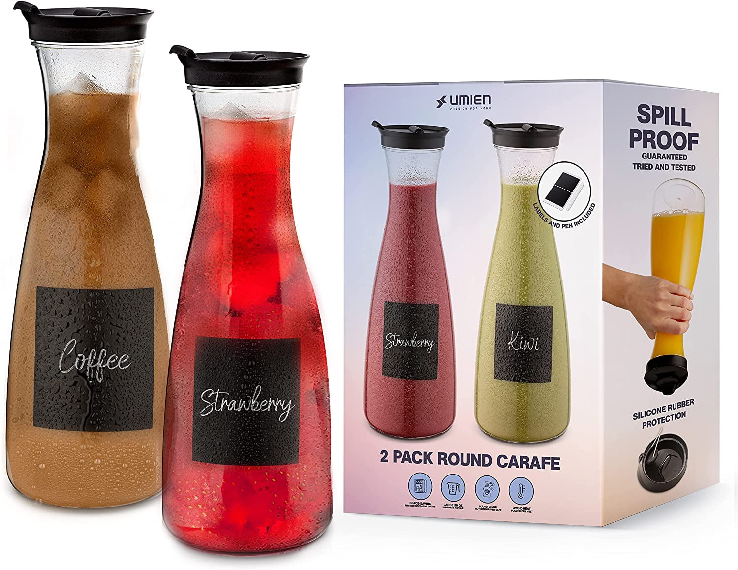 UMIEN Carafe Pitcher / Clear Beverage Carafes with Flip Top Lid / 50 oz