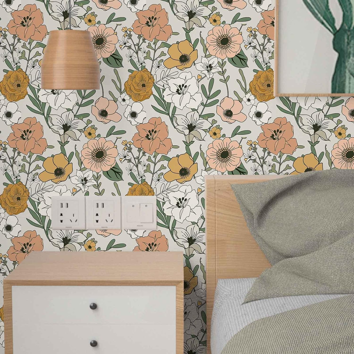 UMIGGEE 17.7-in x 393-in Vintage Floral Peel and Stick Wallpaper Boho Retro Removable Contact Paper Vinyl Self Adhesive Flower Wallpaper for Bathroom Bedroom White/Sand/Oliva