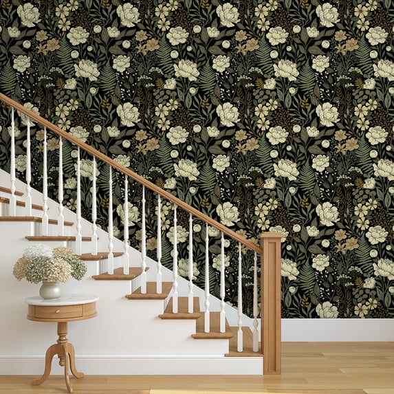 UMIGGEE Floral Wallpaper Peel and Stick Floral Black Wallpaper Self Adhesive Flower Wall Paper Contact Paper 17.7-in x 118-in Home Decor Wall Covering Old Furniture Renovation