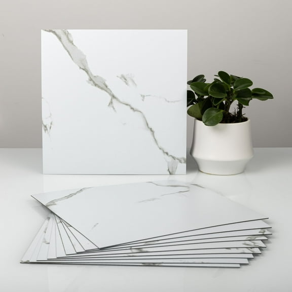 UMIGGEE White Marble Peel and Stick Floor Tile Self Adhesive Vinyl Flooring 12-in x12-in x1.0mm (10-pcs)For Kitchen Living Room Bedroom Home Decoration (10 Sq. ft./Pack)