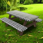 UMINEUX 3-Piece Rectangle Checkered Picnic Table Cover with Bench Covers Vinyl Flannel Backing with Elastic Edge 30x72, Black and White