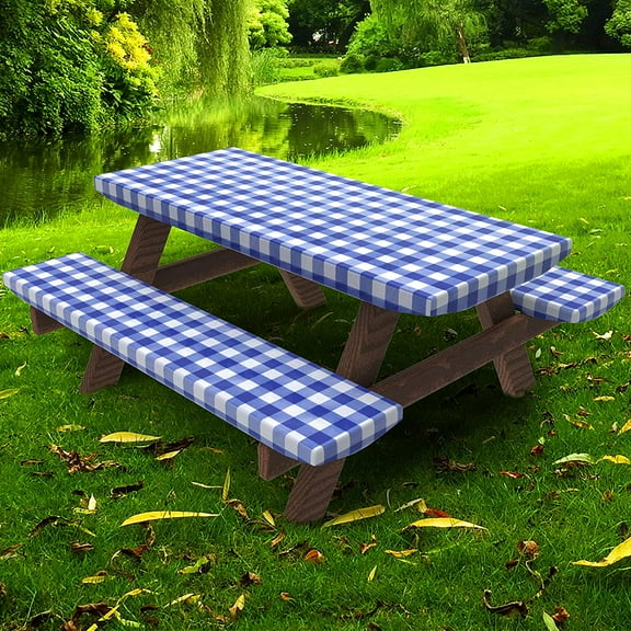 UMINEUX 3-Piece Rectangle Checkered Picnic Table Cover with Bench Covers Vinyl Flannel Backing with Elastic Edge (30"x72", Blue and White)