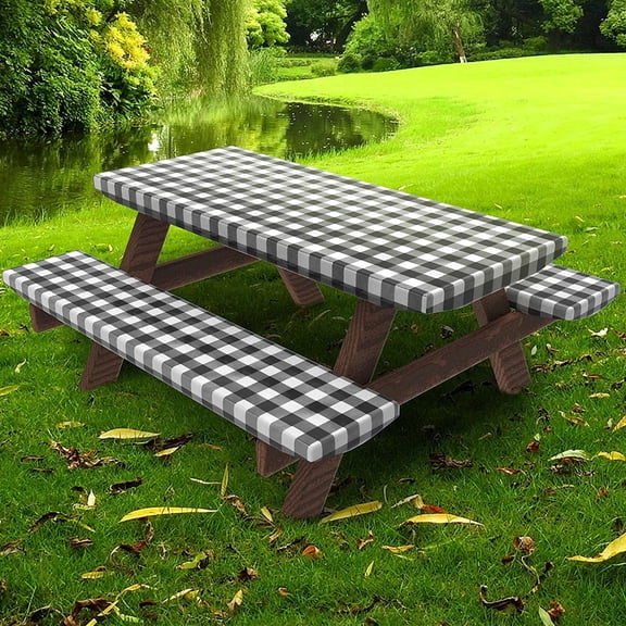 UMINEUX 3-Piece Rectangle Checkered Picnic Table Cover with Bench Covers Vinyl Flannel Backing with Elastic Edge (30"x96", Black and White)