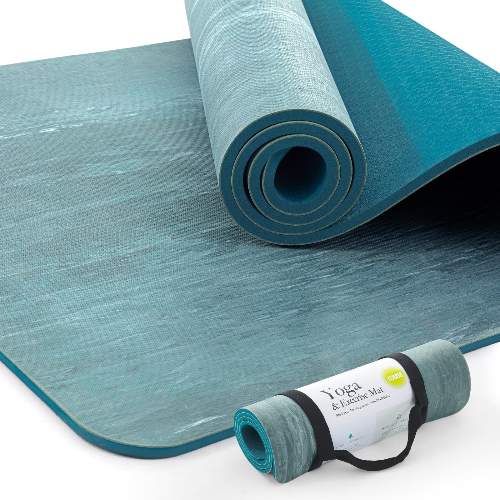 UMINEUX Extra Thick Yoga Mat, 2/5 Inch (10MM), Natural Rubber and TPE Non Slip Yoga Mats with Strap for Women Men, Eco Friendly Exercise Mat for Yoga, Pilates, Green