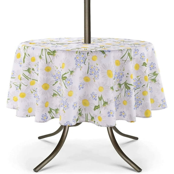 UMINEUX Outdoor Tablecloth with Umbrella Hole and Zipper, Spring/Summer Waterproof Table Cover for Picnic/BBQ/Garden(60" Round, Daisy)