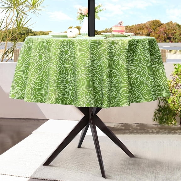 UMINEUX Outdoor Tablecloth with Umbrella Hole and Zipper, Spring/Summer Waterproof Table Cover for Picnic/BBQ/Garden(60" Round, Green Circle)