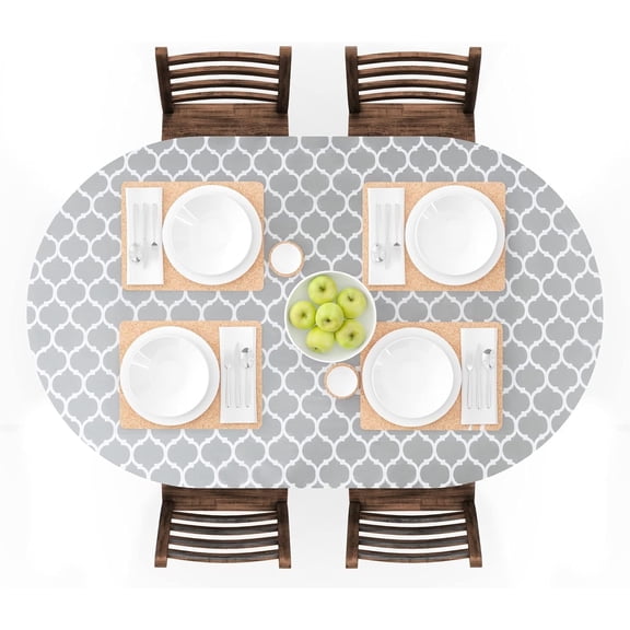 UMINEUX Oval Fitted Vinyl Tablecloth with Elastic Edged & Flannel Backing, Waterproof Wipeable Oval Table Cover - Fits Tables up to 42"X68" (Gray Moroccan)