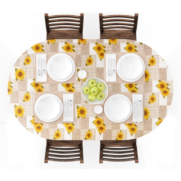 UMINEUX Oval Fitted Vinyl Tablecloth with Elastic Edged & Flannel Backing, Waterproof Wipeable Oval Table Cover - Fits Tables up to 48*68(Sunflower)