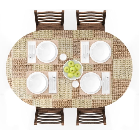 UMINEUX Oval Fitted Vinyl Tablecloth with Elastic Edged & Flannel Backing, Waterproof Wipeable Oval Table Cover - Fits Tables up to 42"X68" (Wicker)