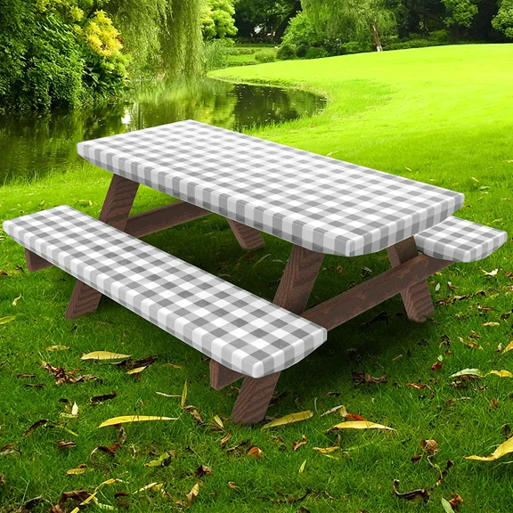 UMINEUX Picnic Table Cover with Bench Covers Fitted Table Clothes for 8 Feet Rectangle Tables Vinyl Flannel Backing with Elastic Edge -for Outdoor/Indoor Party Dining(30 x 96 Inch,3-Piece,Gray Plaid)