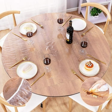 UMINEUX Round Fitted Vinyl Tablecloth with Elastic Edged & Flannel Backing, Fits Tables up to 40"-44" Diameter (Clear)