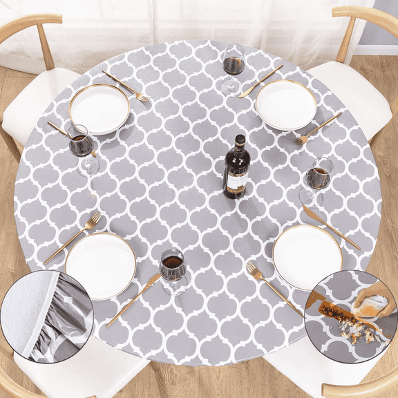 UMINEUX Round Fitted Vinyl Tablecloth with Elastic Edged & Flannel Backing, Fits Tables up to 40"-44" Diameter (Gray Moroccan)