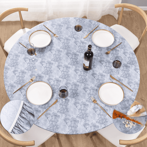 UMINEUX Round Fitted Vinyl Tablecloth with Elastic Edged & Flannel Backing, Fits Tables up to 40"-44" Diameter (Grey Marble)