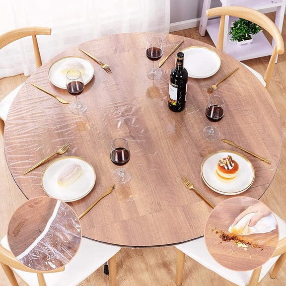 UMINEUX Round Fitted Vinyl Tablecloth with Elastic Edged & Flannel Backing, Fits Tables up to 45"-56" Diameter (Clear)