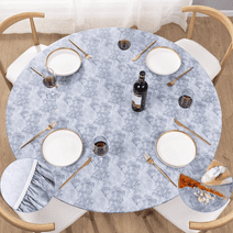 UMINEUX Round Fitted Vinyl Tablecloth with Elastic Edged & Flannel Backing, Fits Tables up to 45"-56" Diameter (Grey Marble)