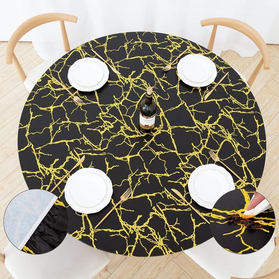 UMINEUX Round Fitted Vinyl Tablecloth with Elastic Edged & Flannel Backing, Fits Tables up to 45"-56" Diameter (Black Marble)