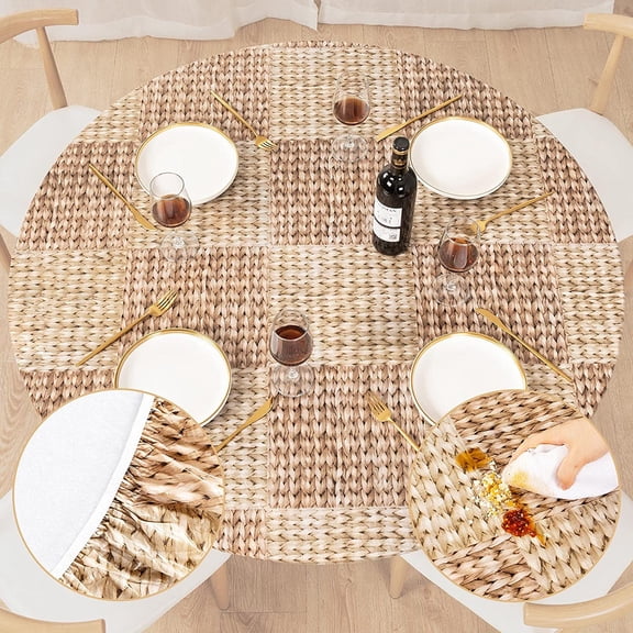 UMINEUX Round Fitted Vinyl Tablecloth with Elastic Edged & Flannel Backing, Fits Tables up to 45"-56" Diameter (Wicker)