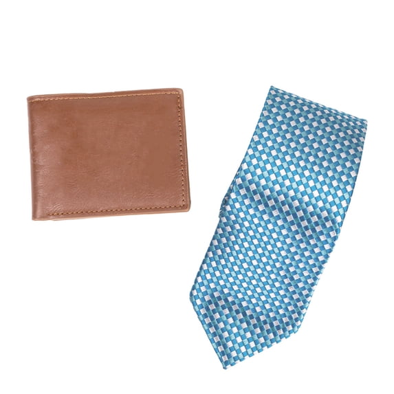 UMO LORENZO Men's Poly Woven Tie & Wallet Gift Box Set, Turquoise Checker Tie & Brown Wallet