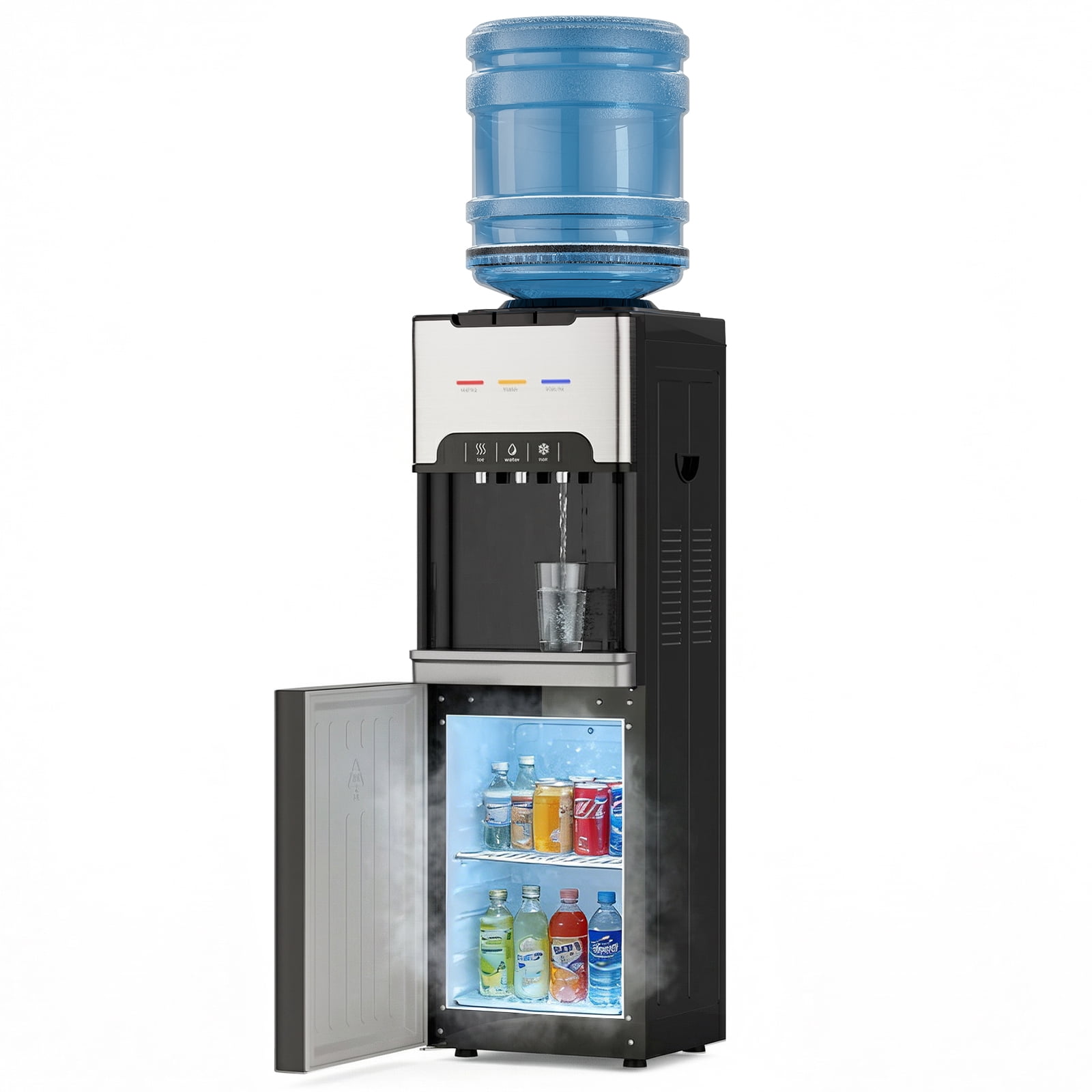 UMOMO 4-in-1 Water Cooler Dispenser with Freezer Cabinet, Hot & Cold & Room Temperature Top Loading Water Cooler for 3–5 Gallon Bottles, Child Safety Lock, Water Dispenser for Home, Office, Black