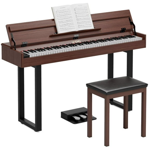 UMOMO 88 Weighted Key Digital Piano with Metal Stand, Beginner Keyboard Piano with Piano Bench, Full Size Heavy Hammer Weighted Action Electric Piano Keyboard with USB MIDI, Walnut