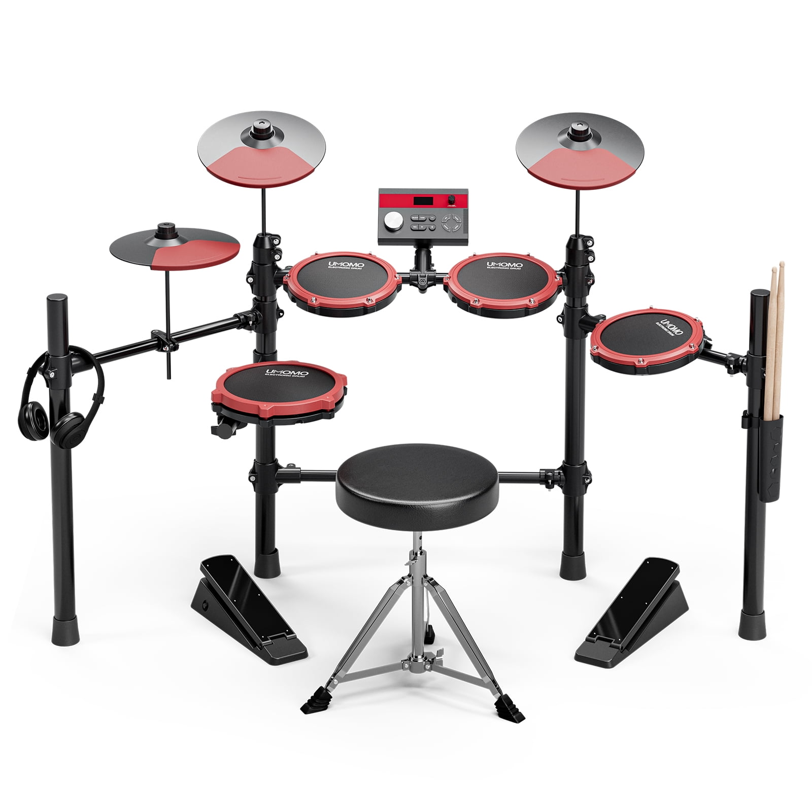 UMOMO Electric Drum Set, Electronic Drum Set With Mesh Electric Drum Pads, 225 Sounds, Drum Sticks, Headphones & Audio Cables, Stable Steel Frame, 15 Drum Kits, for Beginner, Red & Black