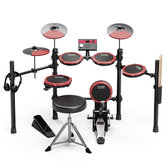 UMOMO UMD-772 Electric Drum Set, Electronic Drum Set With Mesh Electric Drum Pads, 225 Sounds, Drum Sticks, Headphones & Audio Cables, Stable Steel Frame, 15 Drum Kits, for Beginner, Red & Black