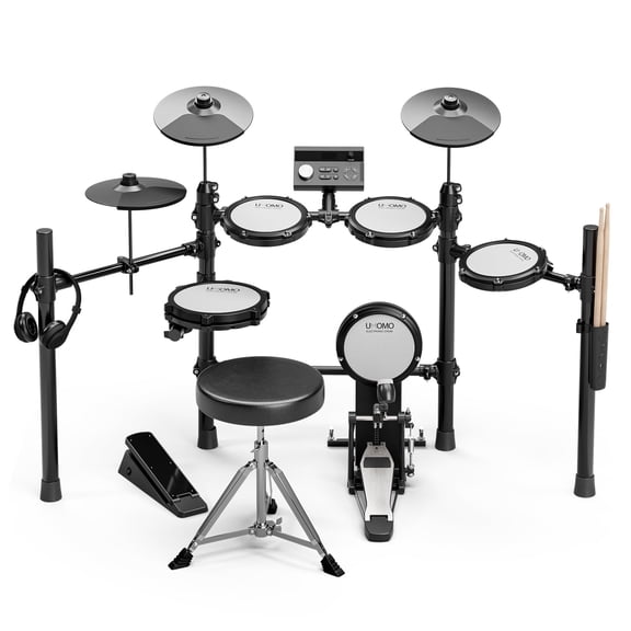 UMOMO UMD-772 Electric Drum Set, Electronic Drum Set With Mesh Electric Drum Pads, 225 Sounds, Drum Sticks, Headphones & Audio Cables, Stable Steel Frame, 15 Drum Kits, for Beginner, White & Black
