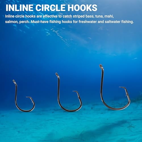 UMT - 100 Pack Inline Fishing Circle Hooks Sizes 4/0 6/0 8/0 Black Nickel High Carbon Steel Superior Terminal Tackle Saltwater and Freshwater