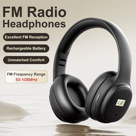 UMUTOO Rechargeable FM Radio Headphones, 24H Battery Over-Ear Headset with Memory Preset, Comfortable Exam & Senior Listening Black