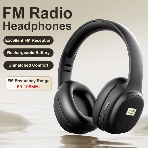 UMUTOO Rechargeable FM Radio Headphones, 24H Battery Over-Ear Headset with Memory Preset, Comfortable Exam & Senior Listening Black