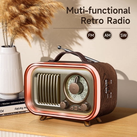 UMUTOO MG007 Vintage Retro Radio, Brown portable AM/FM/SW with Bluetooth, USB, TF, AUX, wood grain