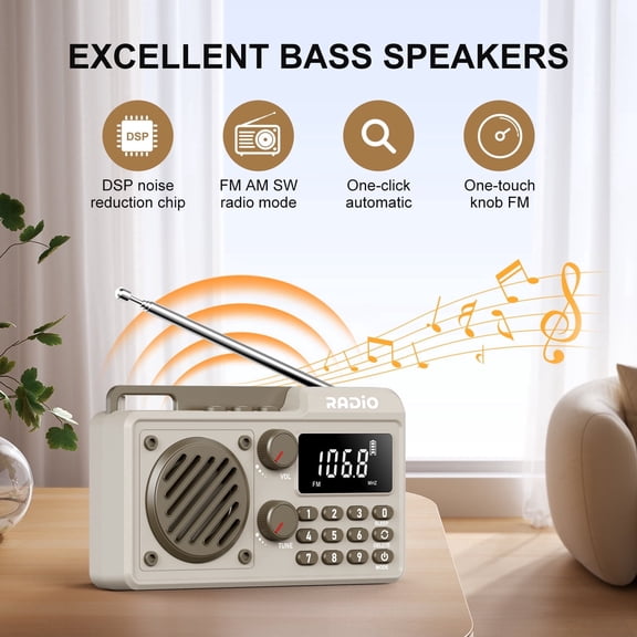 UMUTOO Q7 Portable Radio AM FM SW with Bluetooth 5.4, 5W Speaker, 1500mAh Battery 18H Playback, TF Card USB Slot, Sleep Timer, Large LCD Backlit  for Home Kitchen Outdoor Emergency Camping (White)