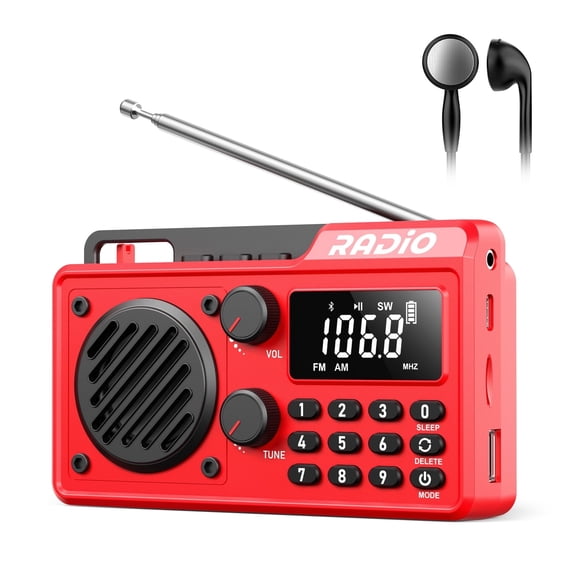 UMUTOO Q7 Portable Radio AM FM SW with Bluetooth 5.4, 5W Speaker, 1500mAh Battery 18H Playback, TF Card USB Slot, Sleep Timer, Large LCD Backlit  for Home Kitchen Outdoor Emergency Camping (Red)