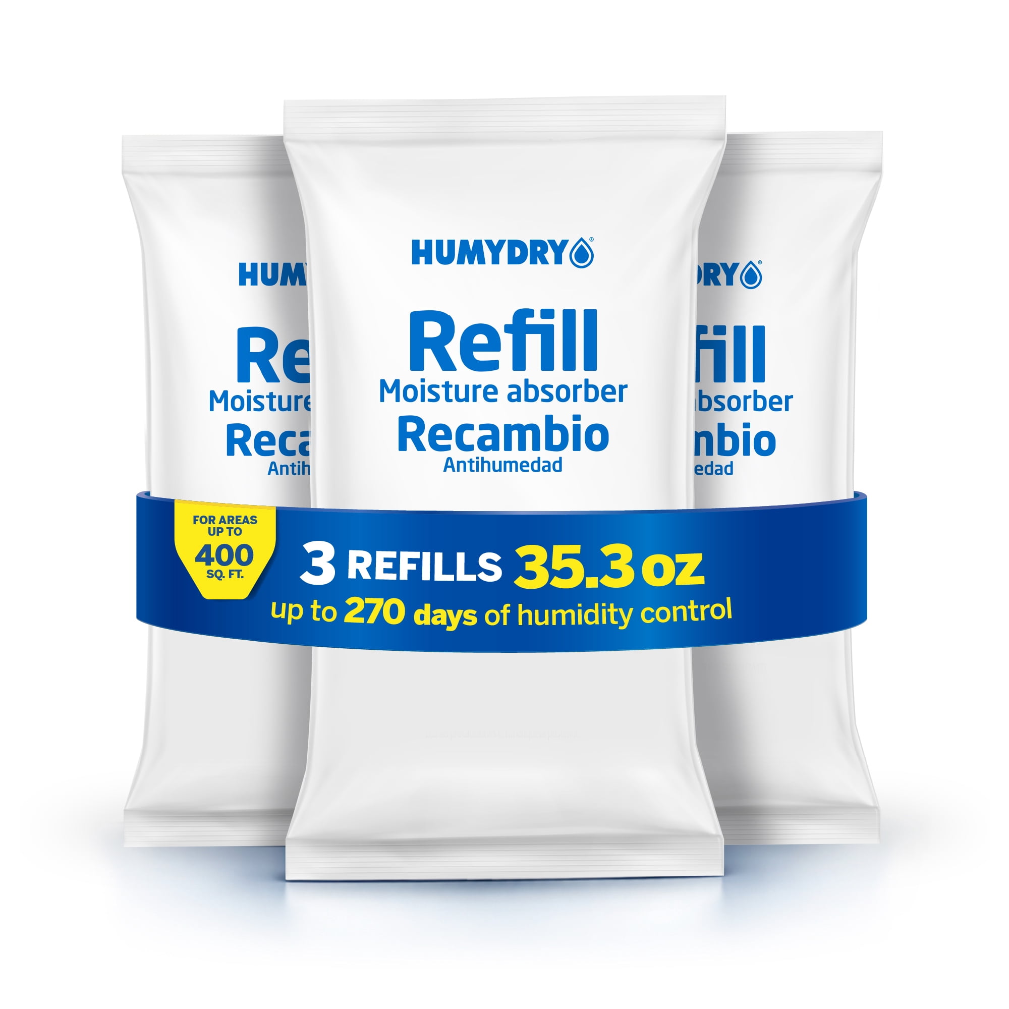 HUMYDRY Moisture Absorber Refills for 35.3 Oz Dehumidifier Device, Pack of 3 Unscented Humidity Absorber Bags, Non Electric Refill Pouches For Basements Garages Offices RVs and Large Enclosed Spaces