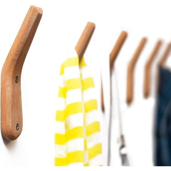 UMZi Wood Wall Hooks, 2 Pack Coat Hooks Mounted Rustic Wooden Heavy Duty Robe Hook Hat Rack | for Hanging Bathroom Towels Clothes Hanger (Beech Wood)