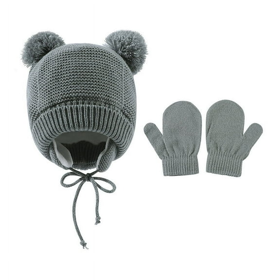 UMfun 2022 NEW Kids Winter Beanie Hat Mittens Set Warm Fleece Hat Baby Toddler Knitted Hat & Gloves For Boys, Girls Gray