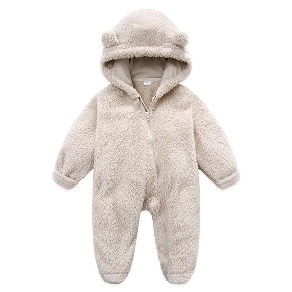 UMfun Newborn Baby Fleece Footie Snowsuit Winter Bunting Onesie Cartoon Warm Hooded Romper Jumpsuit Outfits For Girls Boys Beige,9-12 Months