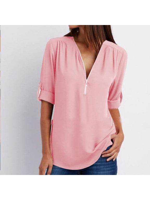 Plus Size Tops S-5XL Zip Front V Neck 3/4 Sleeve Blouses Womens Summer Cuffed Sleeve Casual Tunic Shirts