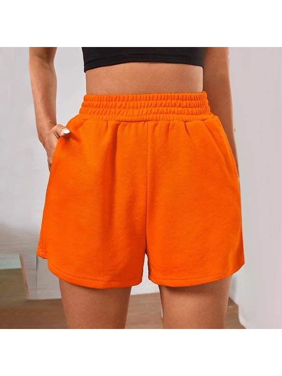Summer Women Casual Summer Elastic Waist Sports Loose Solid Short Pants Orange S