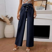 UMfun Summer Savings Clearance Womens Fashion Summer Solid Cotton Linen Casual Button Elastic Waist Long Pants Blue 2XL