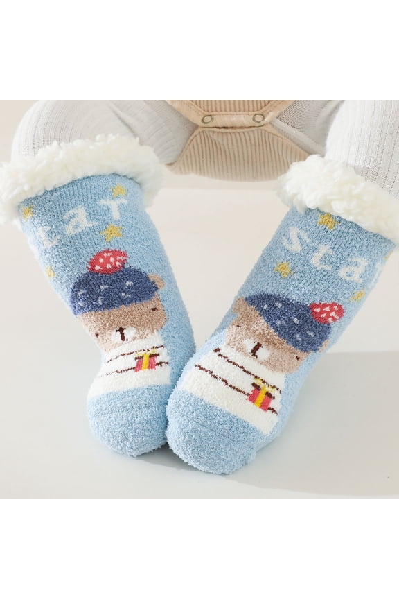 Toddler Boys Girls Solid Color Cartoon Socks Keep Warm Plush Kids Soft Non-slip Indoor Toddler Socks Blue,1-3 Years