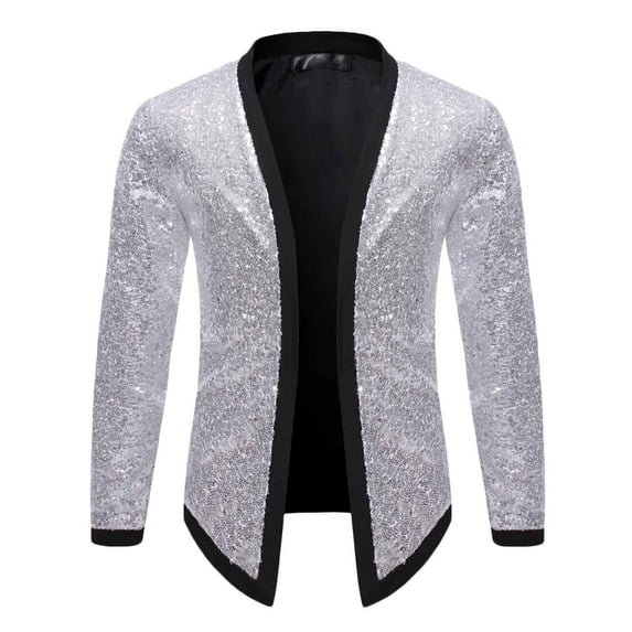 UMfun Winter Coats for Men, Men Casual Solid Long Sleeve Sequin Dance Dress Cardigan Jacket Silver M