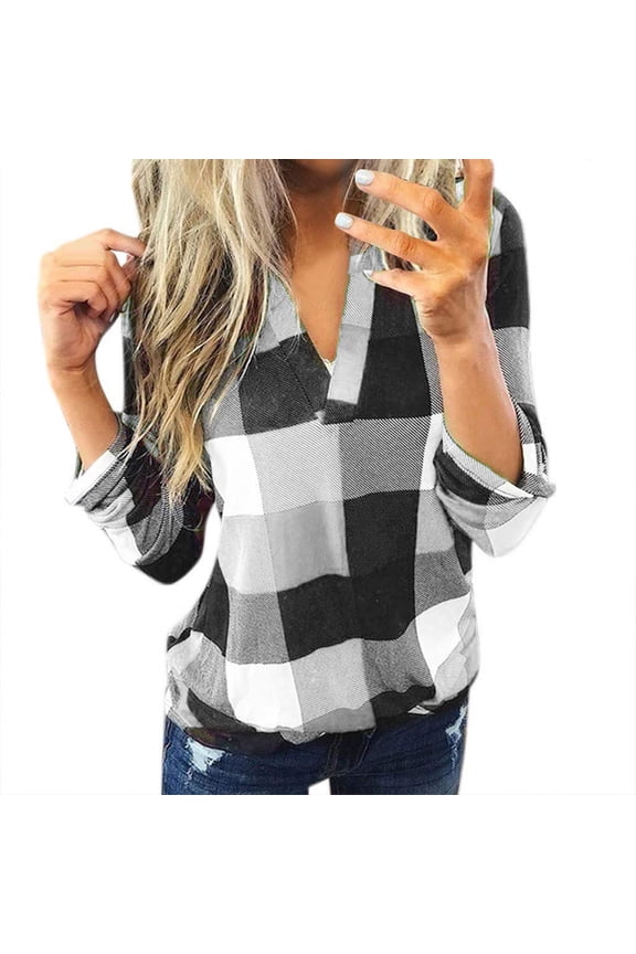 Women Blouse Top, Plus Size Tops for Women, Women Casual Cotton Long Sleeve Plaid Shirt Women's Slim Jacket Shirt Top White 2XL